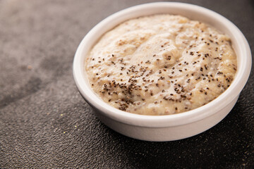 Chia pudding fruit puree tasty snack fresh delicious gourmet food background on the table rustic food top view copy space keto and paleo diet vegan and vegetarian food