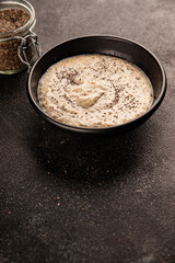 Chia pudding fruit puree tasty snack fresh delicious gourmet food background on the table rustic food top view copy space keto and paleo diet vegan and vegetarian food