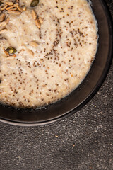 Chia pudding fruit puree tasty snack fresh delicious gourmet food background on the table rustic food top view copy space keto and paleo diet vegan and vegetarian food