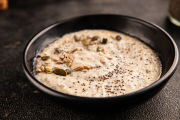 Chia pudding fruit puree tasty snack fresh delicious gourmet food background on the table rustic food top view copy space keto and paleo diet vegan and vegetarian food