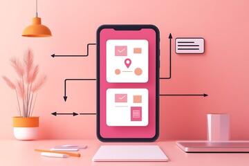 Modern UI UX design concept with smartphone displaying app interface on a clean desk.