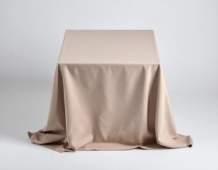 Beige Square Table Covered with a Neutral Fabric in a Bright Studio Background for Presentation