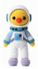 Adorable Crochet Chicken in Astronaut Outfit Standing on White Background