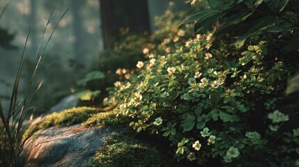Sunlit Forest Floor with Mossy Rock and Delicate White Wildflowers