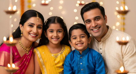 Obraz premium Happy Indian Family Celebrating Diwali with Diyas