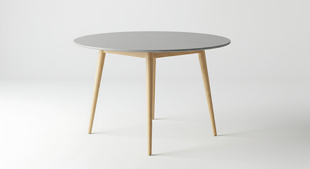 Minimalist round dining table with light wooden legs, isolated on pure white background