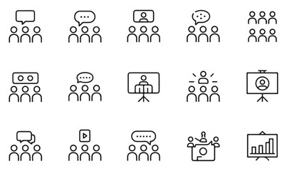 "Vector icons of meetings, seminars, and team collaboration for professional use"