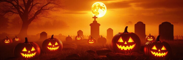 Obraz premium Spooky halloween scene featuring grinning jack-o'-lanterns in a graveyard under a full moon, surrounded by silhouetted trees and tombstones, creating an eerie atmosphere.