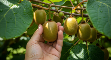 Hand Gently Examining Ripe Kiwi on the Vine