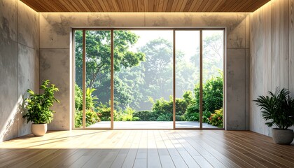 Bright, airy room with massive windows overlooking a lush, green garden landscape