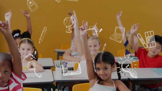 Animation of education school icons over diverse school children in classroom