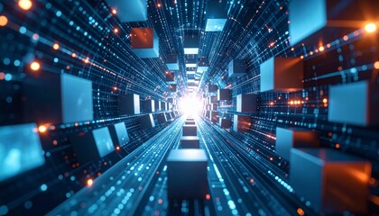 Obraz premium Abstract Data Tunnel with Glowing Cubes in Blue and Orange Futuristic Technology