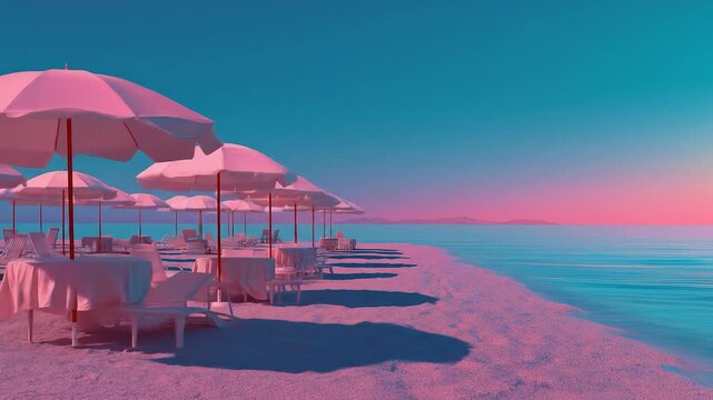 Pink Beach Resort: A dreamy beach resort scene, featuring rows of pristine parasols and inviting seating, set against a captivating backdrop of a pastel sky and tranquil ocean.