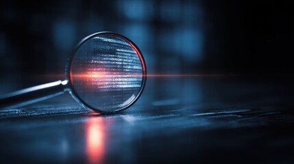 High quality photo of magnifying glass over digital data with blue and orange glow.
