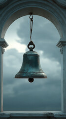 Fototapeta premium A quiet temple bell covered in patina, hanging in an open archway with clouds rolling in the background