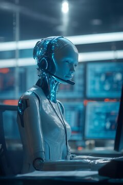Futuristic android call center employee wearing headset, seated at a modern desk with multiple screens, concept of AI Artificial intelligence customer service, robotic assistant, and virtual support.