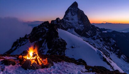 Stunning mountain scenery with a campfire, capturing a moment of tranquility at sunset