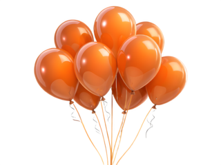 A bunch of bright orange balloons tied together floating against a black background