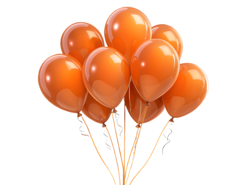 A bunch of bright orange balloons tied together floating against a black background