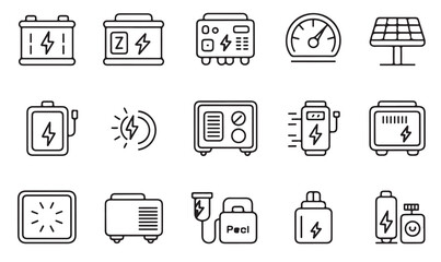 "Vector icons of electrical systems including batteries, solar panels, and power generators"