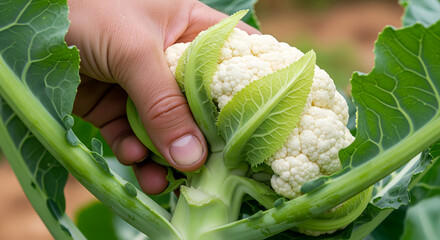 Fresh Cauliflower Harvest: Hand Gently Checks Ripeness in Garden