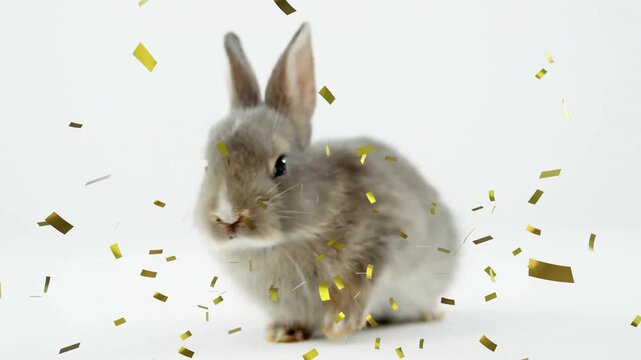 Animation of confetti falling over rabbit on white background