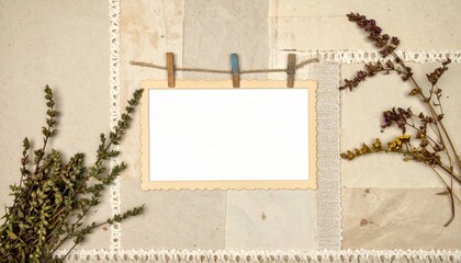 Blank Card with Dried Herbs on Beige Textured Background with Rustic Charm