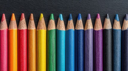 Colorful top view of vibrant colored pencils arranged neatly on a blank blackboard, showcasing artistic potential and creativity with ample copy space for design purposes