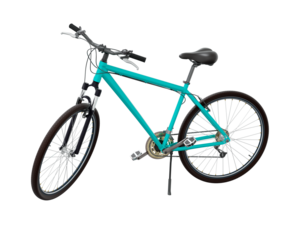 Blue green bicycle standing while leaning on kickstand, side view. Bike resting on kick stand. Png clipart isolated on transparent background