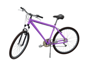 Purple bicycle standing while leaning on kickstand, side view. Bike resting on kick stand. Png clipart isolated on transparent background
