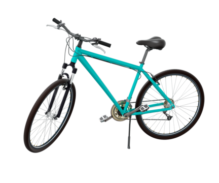 Blue green bicycle standing while leaning on kickstand, side view. Bike resting on kick stand. Png clipart isolated on transparent background