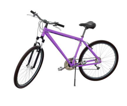 Purple bicycle standing while leaning on kickstand, side view. Bike resting on kick stand. Png clipart isolated on transparent background