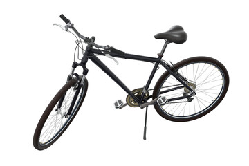 Fototapeta premium Black bicycle standing while leaning on kickstand, side top view. Bike resting on kick stand isolated on white background, 3D illustration