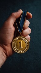 High quality photo of hand holds gold first place medal with blue ribbon.