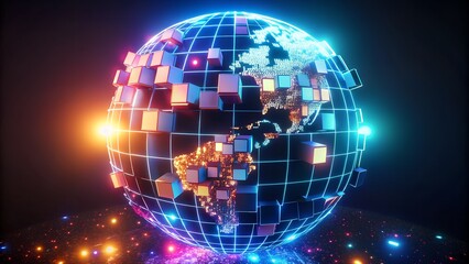 Digital Earth Globe with Cubes and Grid Lines Representing Global Network and Connectivity