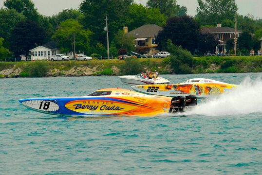 Speed boats compete in an off shore race on the St Clair River at Port Huron Michigan. 08.28.25