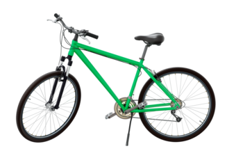 Green bicycle standing while leaning on kickstand, side front view. Bike resting on kick stand. Png clipart isolated on transparent background