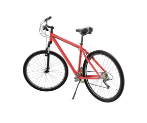Red bicycle standing while leaning on kickstand, side back view. Bike resting on kick stand isolated on white background, 3D illustration