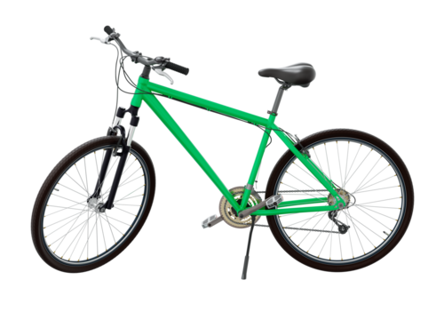 Green bicycle standing while leaning on kickstand, side front view. Bike resting on kick stand. Png clipart isolated on transparent background