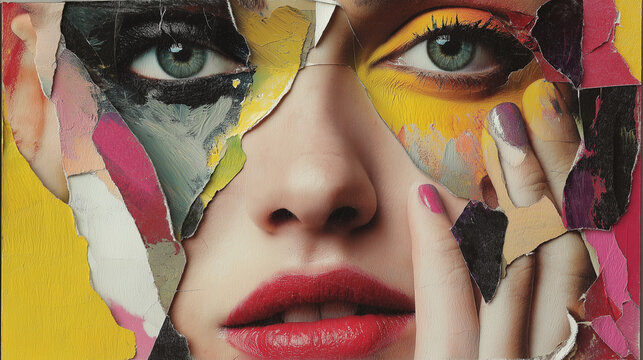 3D rendering of an abstract collage portrait of a woman with torn paper textures, layered colors, and artistic expression. - Powered by Adobe