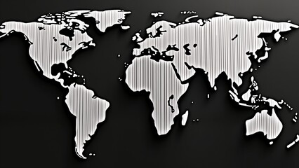 A black and white world map on a black background.