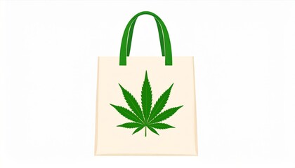 Canvas Tote Bag with Green Cannabis Leaf Print on White Background for Market Shopping