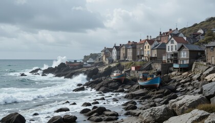 Waves crashing on weathered boats and docks in an old fishing village on a rocky coastline