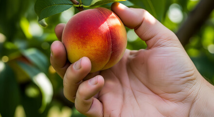 Hand Picking Ripe Peach from Tree Branch