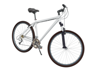 White bicycle standing while leaning on kickstand, side front view. Bike resting on kick stand. Png clipart isolated on transparent background