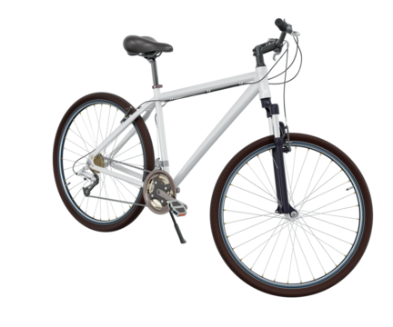 White bicycle standing while leaning on kickstand, side front view. Bike resting on kick stand. Png clipart isolated on transparent background