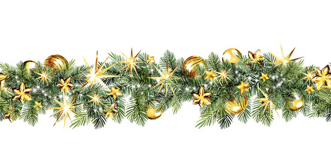 watercolor Christmas decoration, golden Christmas baubles, balls, stars, hand drawn sketch of green fir branches with Christmas tree toys, seamless border, pattern, party, event, winter illustration