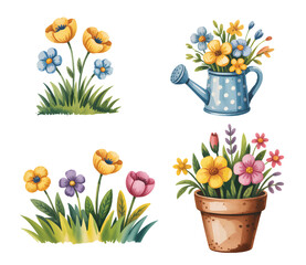Cheerful floral set in pastel cartoon design for children’s decor. Colorful spring garden flowers in cute nursery style illustration.