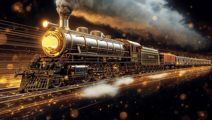 Futuristic Steam Train with Glowing Elements and Dark Background Showcasing Technological Progress and Transportation Evolution