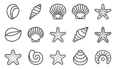 Line art icons of seashells and starfish, perfect for nautical themes and beach-inspired products.